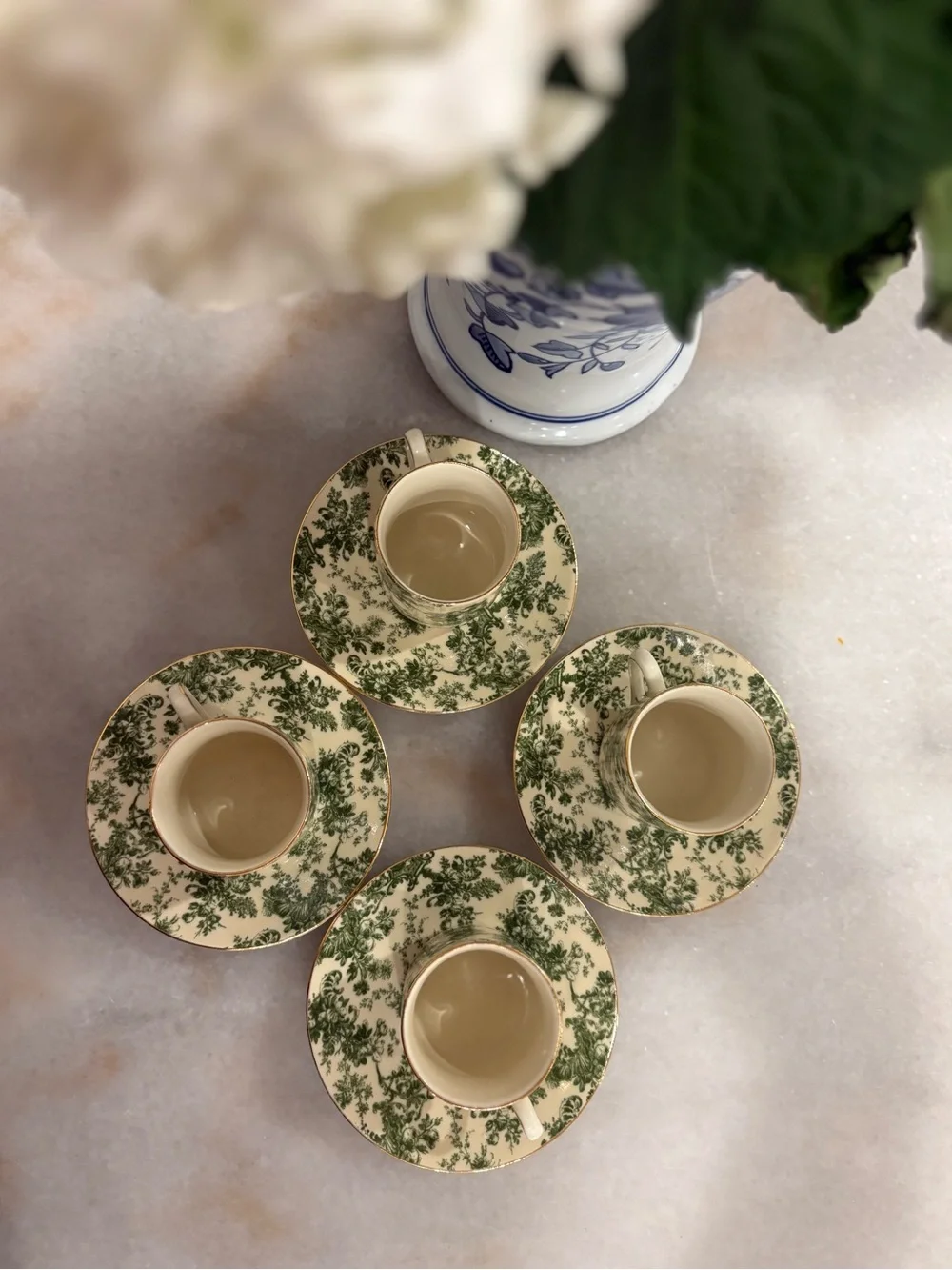 Classic Green Floral Porcelain Teacup and Saucer Set - 4 Piece